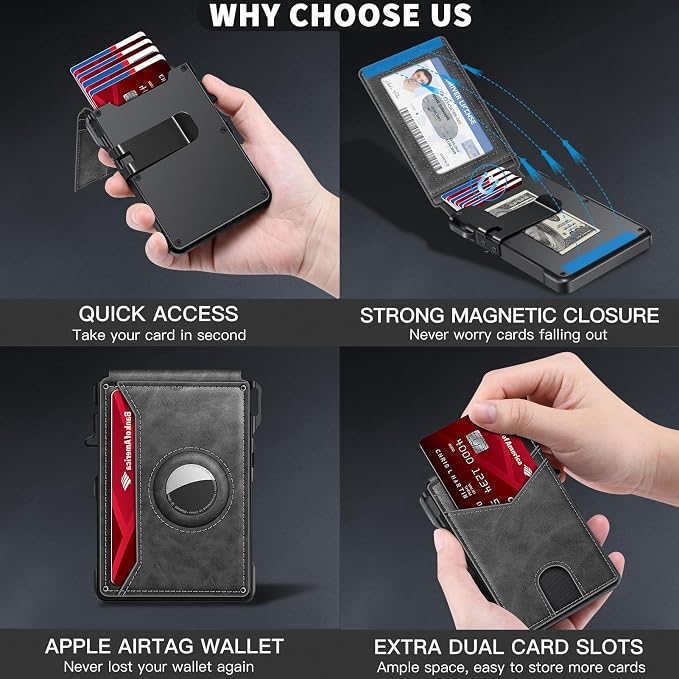 KIKVES Airtag Wallet for Men, Mens Smart Wallet for Air Tag RFID Blocking, Minimalist Bifold Pop Up Aluminum Credit Card Case Holder 12+ Cards with ID Window, Gift for Men, No Airtag Included, Gray - Image 6