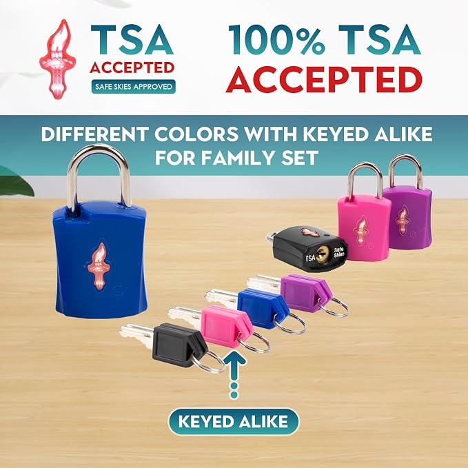 Safe Skies 4-Pack 4-Color Family TSA Travel Key Lock | 4 Colors for Family (Pink/Blue/Purple/Black) | Keyed Alike | 2 Keys/Lock | TSA Safe Skies Approved | 90-Day Warranty - Image 3