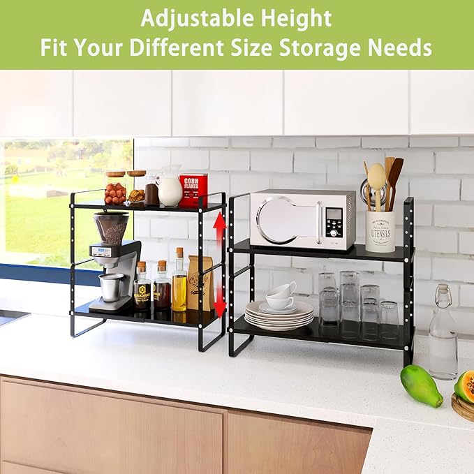 Across-Star Expandable Cabinet Shelf Organizer Rack, Stackable Kitchen Counter Storage Shelves Stand, Adjustable Height Pantry Shelf Spice Rack (Black, 1 Pack) - Image 2