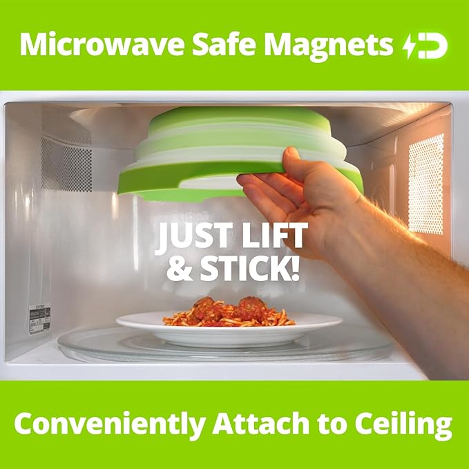 HOVER COVER Magnetic Microwave Splatter Cover - 12-Inch Collapsible - Green | High Power, Stronger Magnetic Grip, BPA-Free Lid, Vented Plate Guard with Steam Vents, Dishwasher Safe, Space-Saving Storage - Image 4