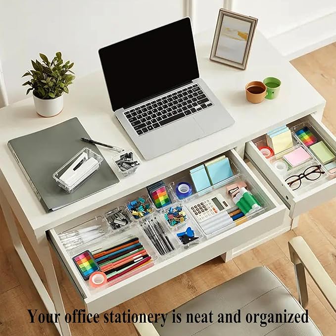 16 Pcs Upgraded Extendable Clear Drawer Organizer, Adjustable Vanity Storage Box, 3-Size Desk Drawer Organizer, Durable Storage Bins for Makeup, Cosmetic, Bedroom Dressers Tool Organizer for Gadgets - Image 6