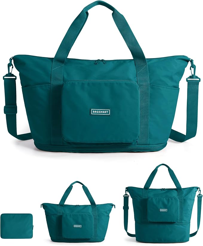 BAGSMART Foldable Travel Bag, 37L Expandable Personal Item Bag, Teal | Airline Approved Personal Carry-on Size, Fits Under-seat, Trolley Sleeve, Backup Bag for Travel, Vacation, Overnight by BAGSMART