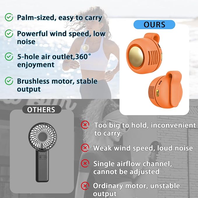 Portable Clip-On Fan, Mini USB Rechargeable 360° Rotatable Fan, Personal Fan 3-Speed Silent Mini Bladeless Fans (Orange) - Image 5