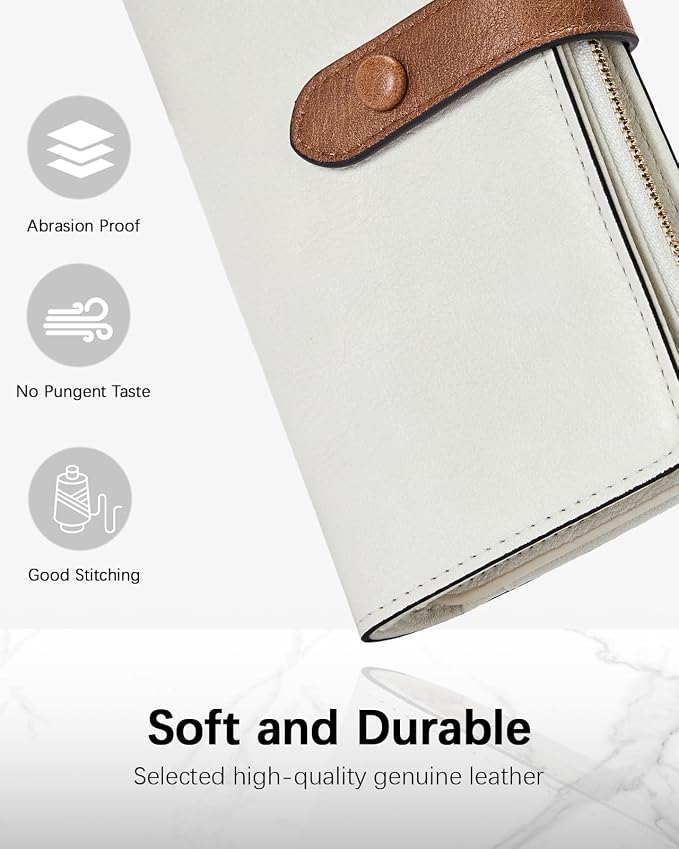 BOSTANTEN Womens Leather Wallet RFID Large Capacity Credit Card Holder | 4 ID Windows, 16 Card Slots, Zipper Coin Pocket, Clutch Wallet, Long Bifold, Ladies Gifts, Beige＆Brown - Image 2