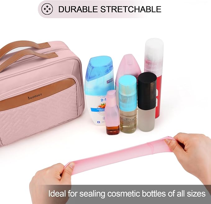 Travel Hanging Toiletry Bag for Women, Large Makeup Bag 8 Leak Proofing Silicone Bottle Covers, Waterproof Cosmetic Bag with Jewelry Organizer Compartment, Toiletries Kit Set, Pink - Image 2