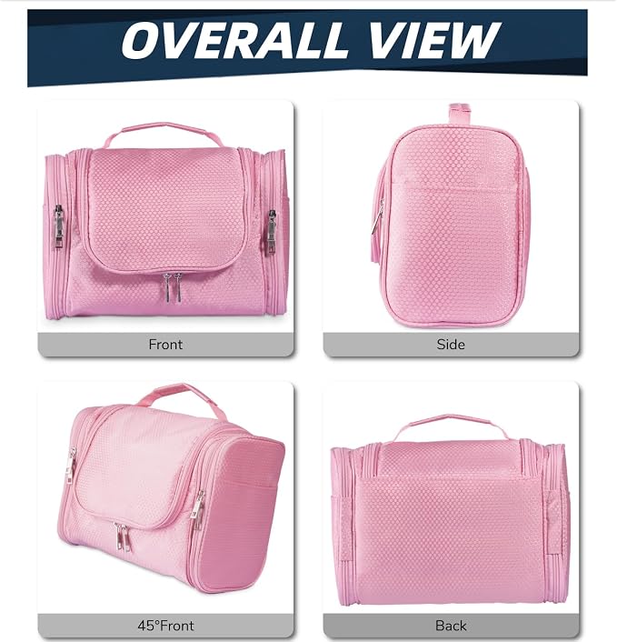 Buruis Hanging Toiletry Bag, Travel Toiletry Bag for Women and Men, Pink | Honeycomb Nylon Design, Large Capacity, Dual Zippers, Sturdy Hanging Hook, Full-Size Toiletry Storage, Cosmetic Essentials - Image 3