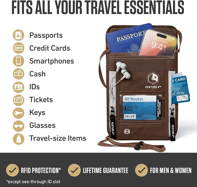 VENTURE 4TH Travel Neck Wallet, RFID Blocking Passport Holder - Brown - Image 2
