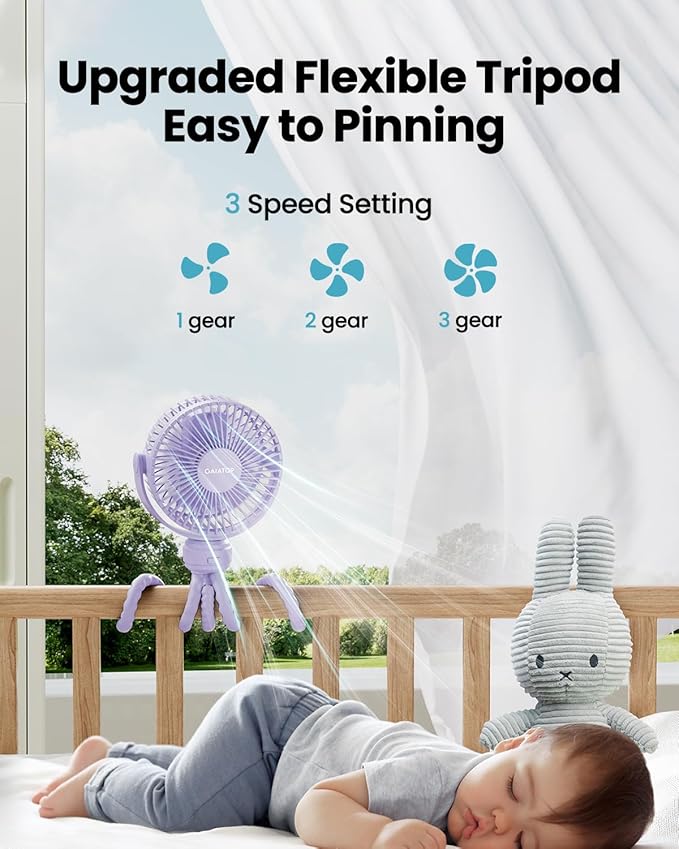 Gaiatop Mini Electric Fan with 360 Rotation, 5.5mm Gaps, Rechargeable Battery, 3 Speeds, Purple | 360° Rotate Flexible Tripod, Battery Operated Detachable, Cooling for Car Seat Crib Treadmill Travel Purple - Image 3