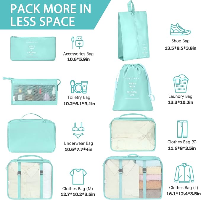 KPX 8 Set Packing Cubes for Travel, Luggage Packing Organizers Accessories Large Toiletries Bag for Clothes Shoes Cosmetics (Blue) - Image 2