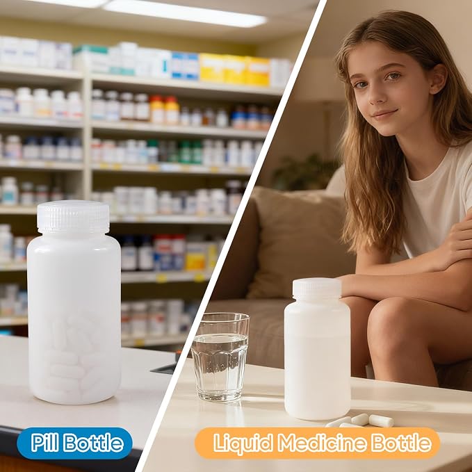 DEMORA 8 oz Plastic Bottles with Lids, Airtight Refillable Wide Mouth Travel Bottles for Toiletries, HDPE Food Grade Plastic Containers for Liquids Pill Water Sample Lab Reagent (Translucent, 2 Pcs) - Image 3