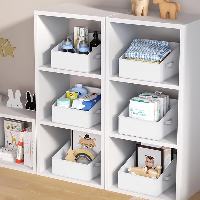 DIMJ Closet Storage Bins 6 Pack - Fabric Trapezoid Organizer Bin, Foldable Storage Baskets for Shelves, Closet Shelf Organizer, Clothing Storage Box for Toys, Books, Towel, Clothes, White - Image 4