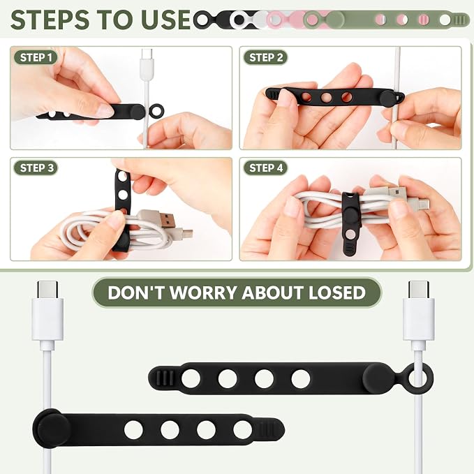24Pcs Silicone Cable Ties Cord Organizer Cable Management - 4 Colors | Elastic Reusable Cable Straps for Earphone, Phone Charger, Computer Wires, Cap in Home,Office,Kitchen,School,Travel,Hiking - Image 5