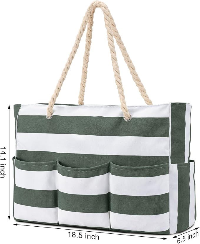 Becokan Beach Bags for Women Canvas Large Beach Tote Bag Zipper Waterproof Sandproof Foldable Swim Pool Bag with 7 Pockets - Image 6