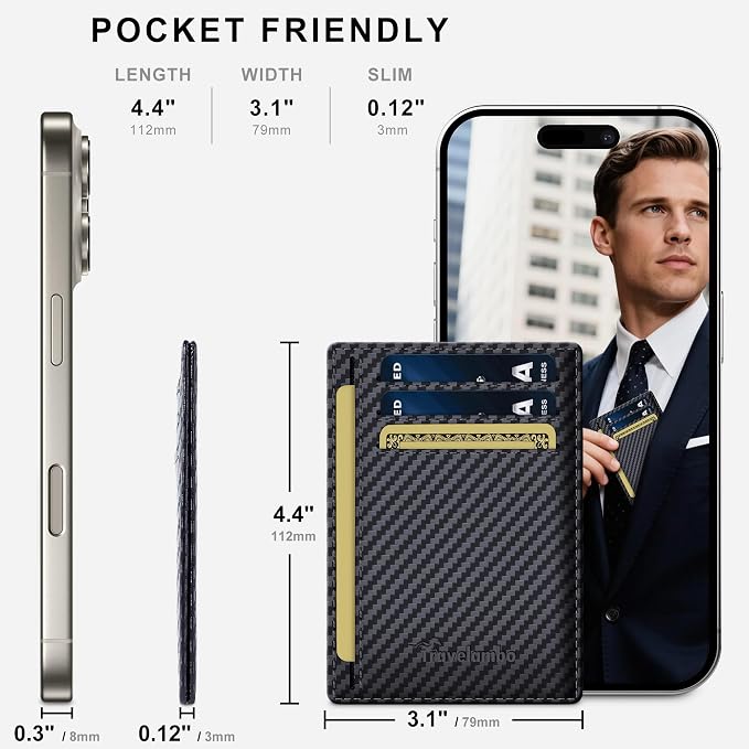 Travelambo 100% Genuine Leather Wallet for Men and Women, Slim Minimalist RFID Blocking Front Pocket Credit Card Holder with Gift Box(Carbon Fiber Black) - Image 5