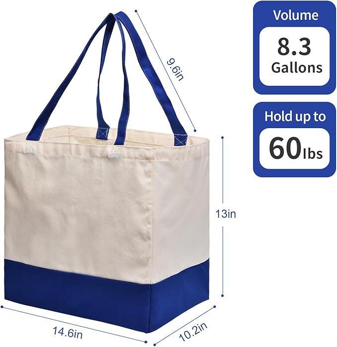3 Pack Canvas Reusable Grocery Bags Heavy Duty, 8.3 gal Foldable Large Tote Bag with Handles, Holds 60 lbs Canvas Shopping Bags & Washable Eco-friendly Bags with 5 Pockets, Blue+Off White - Image 4