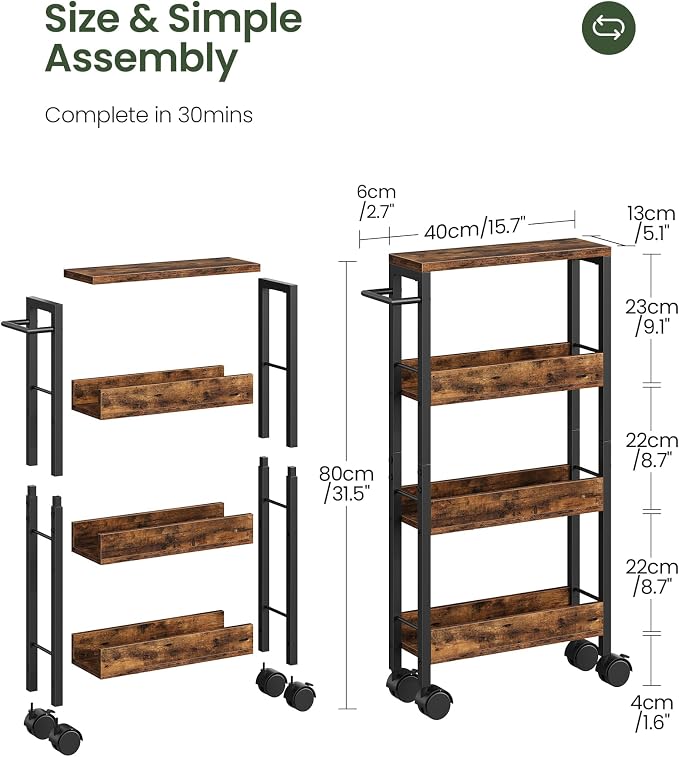 4-Tier Slim Storage Cart, 5.1'' Kitchen Serving Trolley, Slim Rolling Cart with Handle and Guard Rails, Slim Cabinet for Small Spaces, for Dining Room, Rustic Brown and Black TTC01BF - Image 4