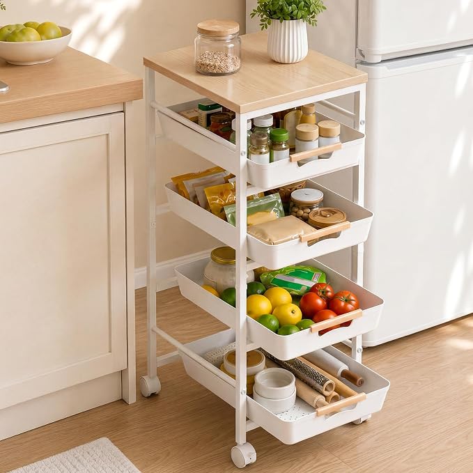 Pipishell Rolling Storage Cart with Drawers & Lockable Wheels, White | 5 Tier Kitchen Cart with Safety Stops & Vented Design, Wood Top, Pull-Out Utility Cart for Kitchen, Home Office, Bedside by Pipishell