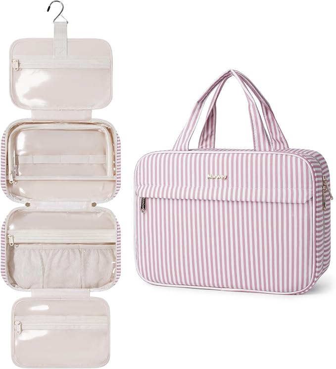 Narwey Striped Hanging Travel Toiletry Bag, Makeup Bag Organizer Make up Toiletries Bags for Full Size Essentials, Accessories, Brushes, Cosmetics (Dusty Pink Stripe, Large) by Narwey