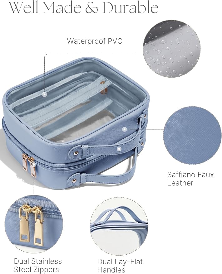 Clear Cosmetic Bag Double Layer Travel Toiletry Bag Clear Makeup Bag Case with 4 Compartments, Transparent Travel Bag for Toiletries, Large Toiletry Bag for Women Cosmetic Case (Dusty Blue, Large) - Image 5