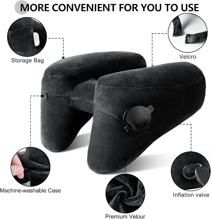 Sunany Travel Neck Pillow for Airplane Pillow Comfortably Supports Head, Neck and Chin, Inflatable Travel Pillow with Soft Velour Cover and Portable Drawstring Bag (Black, H-Shape) - Image 3