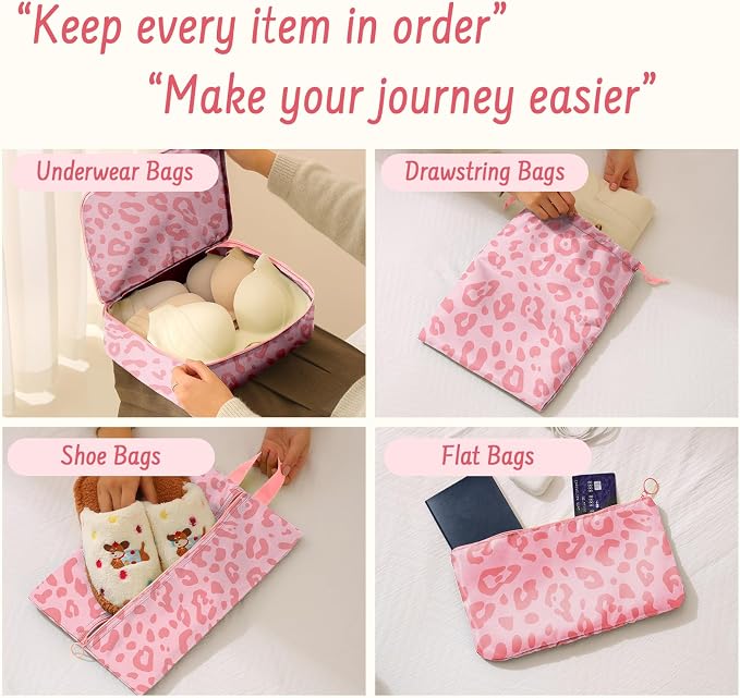 9 Set Packing Cubes for Travel Essentials - Lightweight Carry-On Luggage Organizer Bags with Shoe, Clothes & Laundry Bags for Airplane, Family & Business Travel, Pink leopard print - Image 5