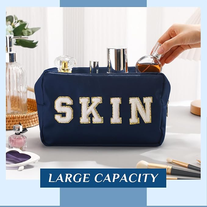 Preppy Makeup Bags Chenille Letter Stuff Bag Nylon Cosmetic Pouch Cases with Zipper for Women Travel Toiletry(Dark Blue,Classic,4 Pcs) - Image 7