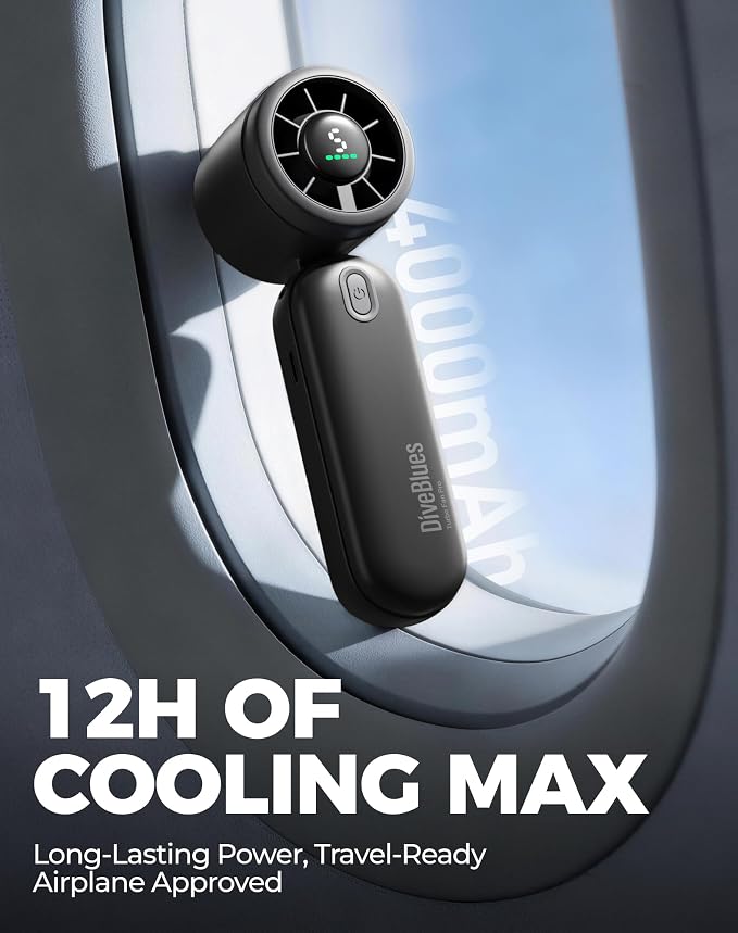 Diveblues Mini Portable Handheld Turbo Fan 27ft/s, 4000mAh Battery | Quiet Motor, 12H Max Cooling, 5 Speeds, LED Display, 3-in-1 Handheld/Neck/Desk Fan for Travel, Cruise & Disney Essentials - Image 6