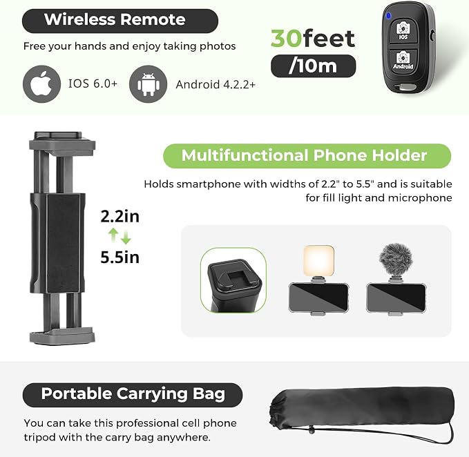 Aureday Phone Tripod, 82" Tripod for iPhone with Flexible Gooseneck, Wireless Remote and Phone Holder, Extendable Cell Phone&Camera Tripod Stand for Selfies/Video Recording/Live Streaming/Vlogging - Image 6