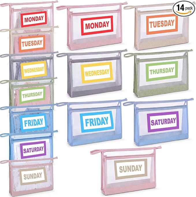 Woanger 14 Pcs Daily Packing Cubes for Travel, Days of Week Clothes Bags with Weekly Stickers, Storage Bag for Suitcases Camping (Morandi Colors) by Woanger