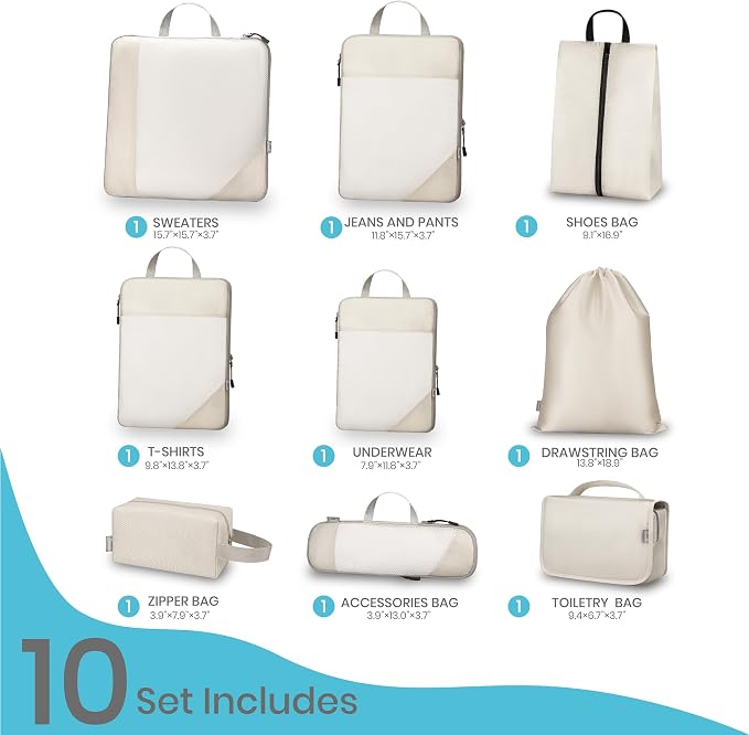 Compression Travel Packing Cubes with White Mesh, Apricot, 10Pcs | Waterproof fabric and See-Through Mesh, Space-Saving Compression Organizer for Travel and Daily Clothes Storage - Image 2