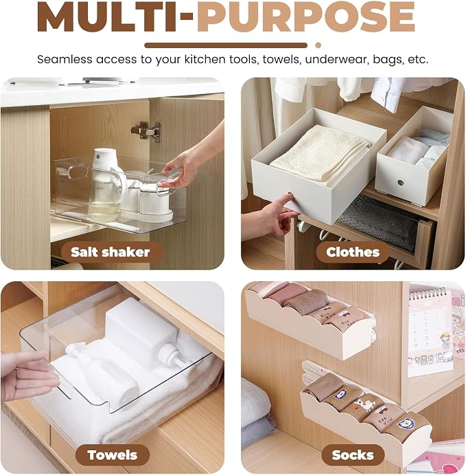 LELE LIFE Adhesive Pull Out Cabinet Drawer Sliders, Drawer Bin Organizer Sliding Rails Guides, No Drill DIY Basket Slides Bottom Mount for Shelf (4 Pack) - Image 6