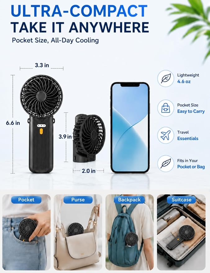 Portable Mini Fan, Quiet Foldable Fan with Lanyard (Black) | 4 Speeds, 15H Rechargeable Battery, Portable Pan for Travel, Home, Office, Outdoor, Makeup, Women, Men, Black - Image 4
