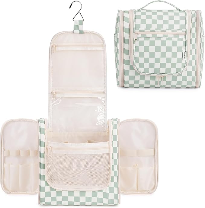 Narwey Travel Toiletry Bag for Women, Checkered Large Hanging Makeup Bag Organizer Cosmetic Make up Bags for Women, Travel Bag for Toiletries (Mint Green Checkerboard) by Narwey