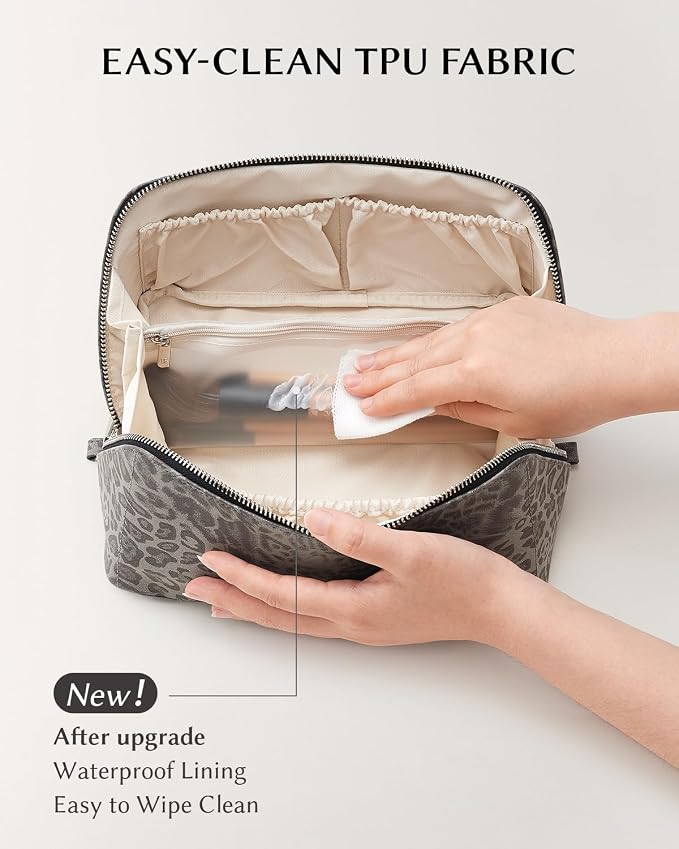 EACHY Travel Makeup Bag for Women, Flat Open Leopard Print Cosmetic Bag | Leopard-print PU leather cosmetic bag opens flat with dividers and clear TPU brush pocket for makeup and travel essentials - Image 4