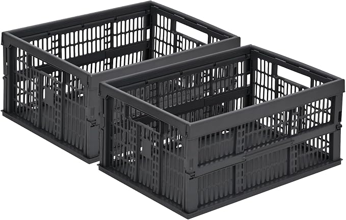 HUUSMOT 2-Pack Collapsible Plastic Storage Baskets, Dark Grey, 19"x13"x9" | Pastel, Space-Saving, Collapsible Plastic Bins, Cute Mini Storage Crates, for Classroom, Kitchen, Office, Bedroom by HUUSMOT
