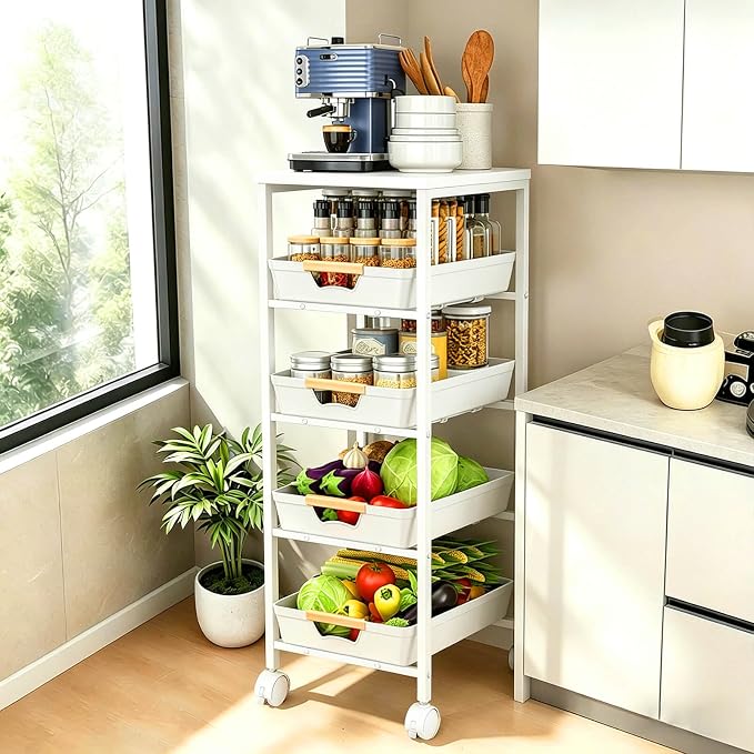 Slim Storage Cart with Wheels Pull-Out 5-Tier Rolling Storage Cart | narrow white 12.6in Wide, Mesh Baskets with Raised Edge, Wood-Grain Top, 360° Lockable Casters, Easy Assembly by Unknown