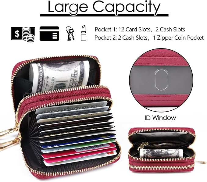 imeetu RFID Credit Card Holder, Small Card Wallet Women, Leather Card Case | Genuine Leather Women's Card & id Cases, Change Coin Purse with Zipper Keychain id Window, 20 Colors & 3 Styles, Daily, Gifts - Image 4