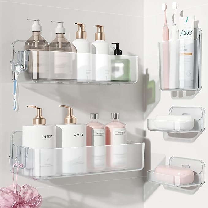 Nieifi Adhesive Shower Shelves, Clear, 5 Pieces | Rustproof ABS, Large Capacity, Removable Design, Easy-Clean, No Drilling Shower Organizer for Bathroom Storage & Home Decor by Nieifi