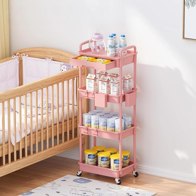 4 Tier Rolling Utility Cart with Drawer, Plastic Storage Organizer Rolling Carts with Wheels Handles Hanging Cups Hooks for Office, Bathroom, Kitchen,Craft Art Room (Pink) - Image 7