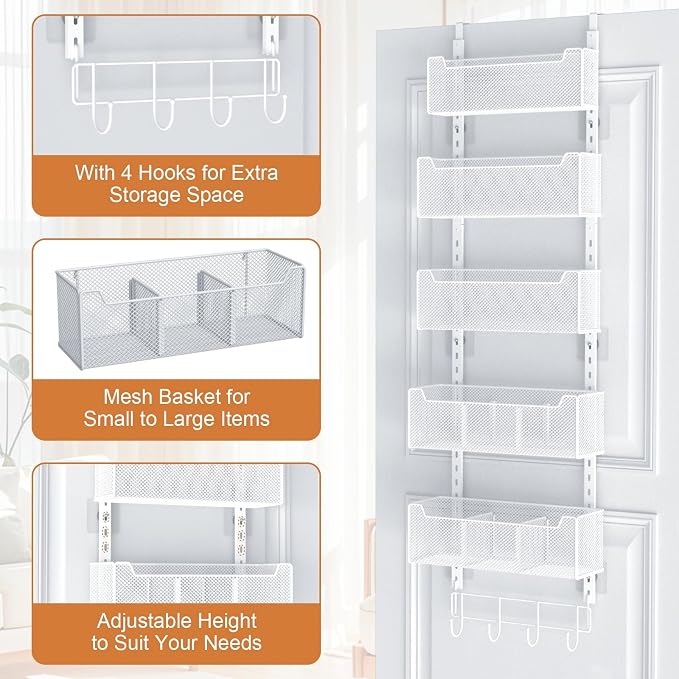 VyGrow Over The Door Organizer, Metal Door Organizer Hanging with 5 Adjustable Baskets and Coat Hook, Behind The Door Storage for Bedroom Closet Bathroom Pantry Cabinet Kitchen, White - Image 5