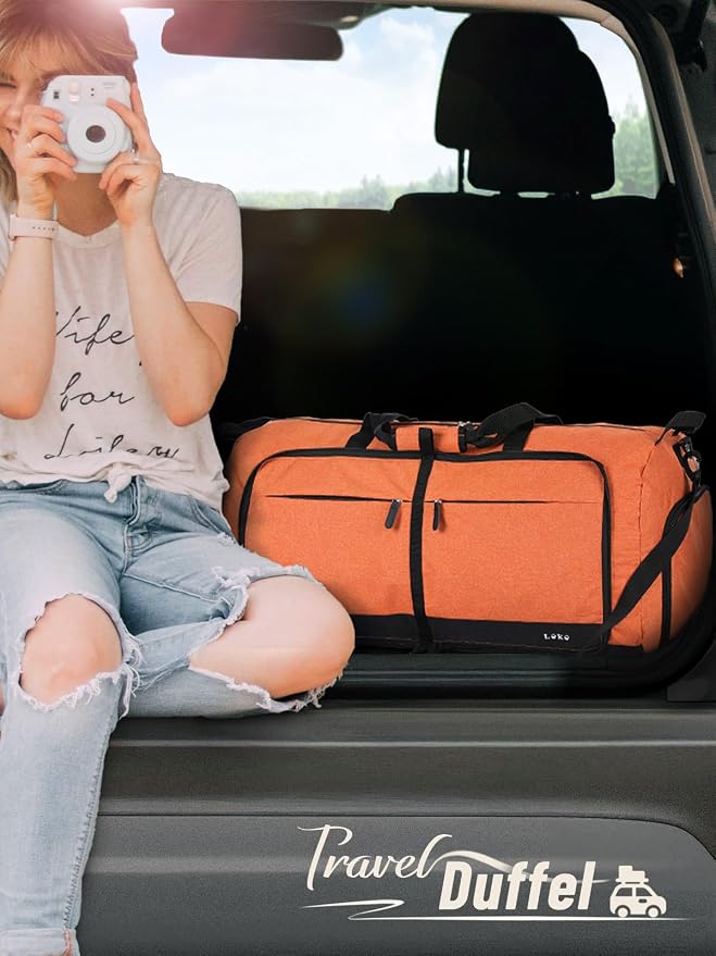 Lekesky Foldable Travel Duffel Bag for Women, 80L Large Duffle Bag with Separate Shoes Compartments & Straps, Carry On Weekend Bag for Women, Hospital, Overnight(Orange) - Image 2