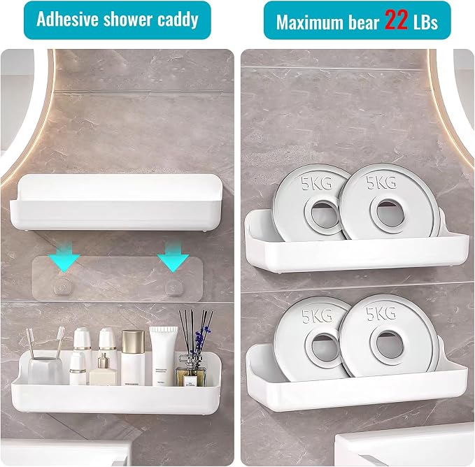 CGBE 2-Pack Adhesive Shower Shelves, Acrylic Bathroom Wall Caddy, White | No Drilling, Acrylic Organizer, Drain Holes, Removable Design, Bathroom Wall and Bathtub Storage - Image 3