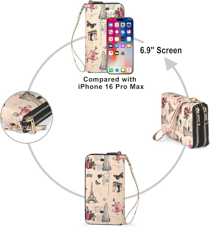 RFID Wallet for Women with Cellphone Pocket - Double Zipper Wristlet Purse Large Capacity, 17 Card Slots, Coin Pocket, ID Window, Effel Tower Flower - Image 6