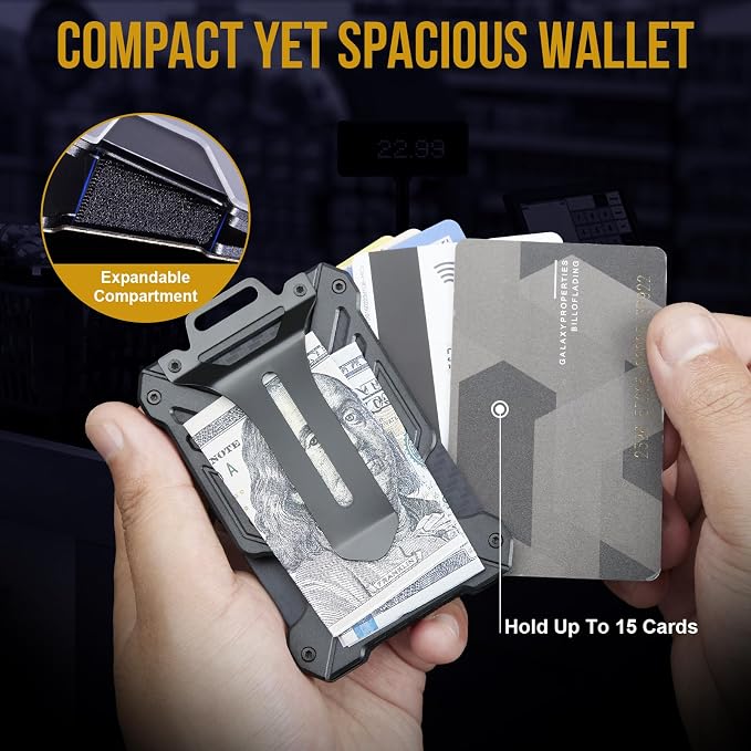 Carbon Fiber Slim Wallet Money Clip RFID Blocking ID Window | Hold UP to 15 card,C-Shaped Quick-Access Card Slot,Front Pocket Slim Fit Design,Lanyard Compatible Badge Holder,Easy Clean - Image 3