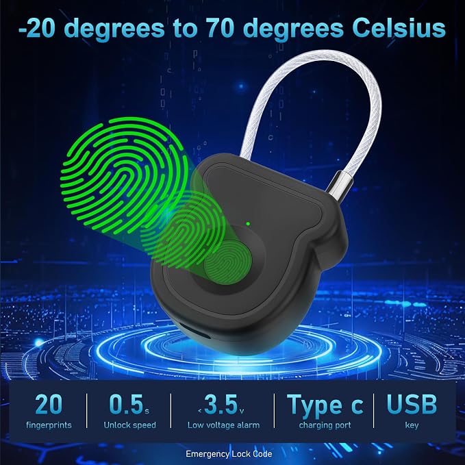 Fingerprint Padlock, Keyless Smart Lock, 0.5s Unlock, 20 Fingerprints, USB-Key, Emergency Unlock Code, Low Power Warning, Anti-Theft for Suitcase, Drawer, Wardrobe - Image 3