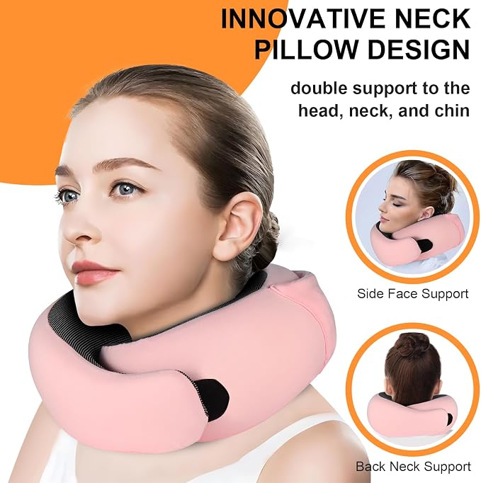Travel Pillow - Hooded Neck Pillow Airplane Memory Foam Filling | for Plane, Office, Cars Sleeping, Road Trip, Long Flights Essentials, Includes Eye Mask & Earplugs (Pink) - Image 3