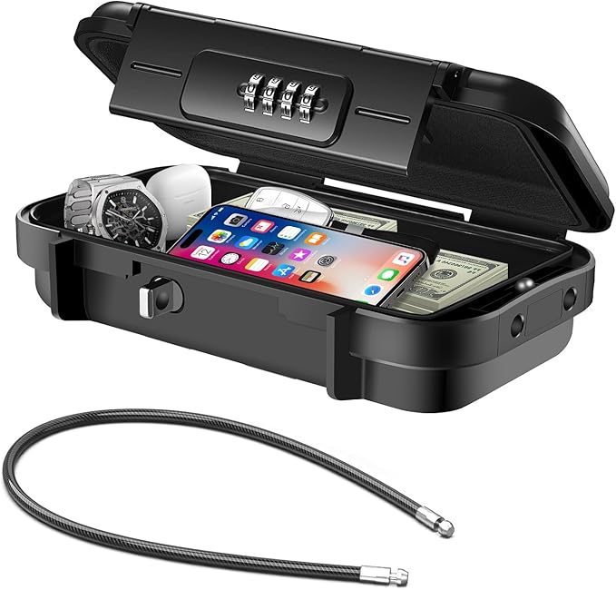 Portable Safe Box with Code, [Waterproof Anti-Theft ]Travel Safe, Combination Security Case Lock Box with Removable Wire Rope, for Home, Cars, Office, Vacation (Black) by Hurinan