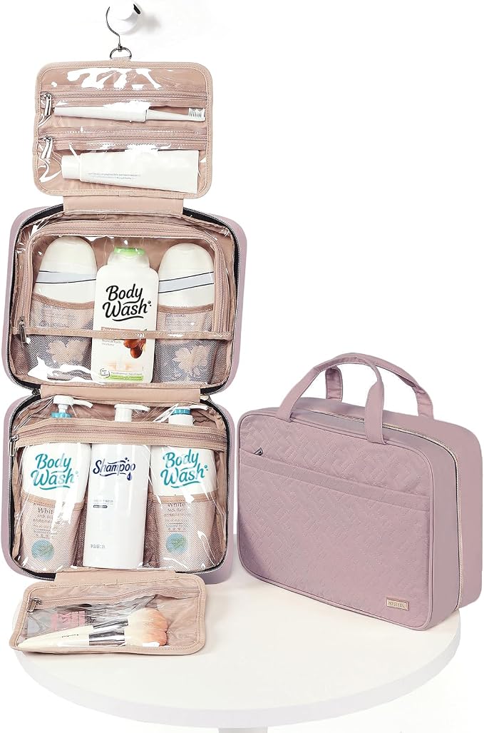 NISHEL Travel Toiletry Bag for women, Portable Hanging Organizer for Family-Sized Shampoo, Conditioner, Brushes Set, Makeup Accessories, Extra Large Size, Peach Pink | for Family-Sized Shampoo, Conditioner, Brushes Set, makeup Accessories, Extra Large ... - Image 5