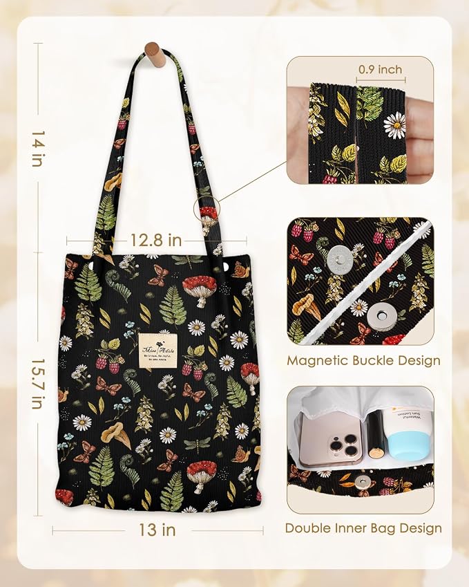 Miss Adola Designer Corduroy Tote Bag for Women | 3 Magnetic Buckles, Aesthetic Pattern, Reusable, Soft, Roomy Carry for Work, Travel, Grocery Runs - Image 5