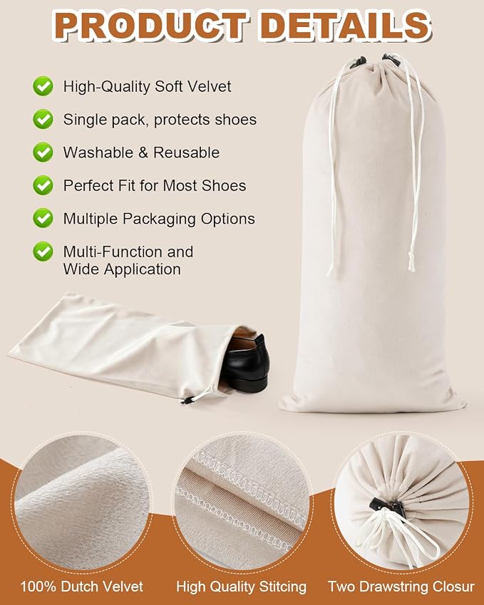 6 Pcs Single Shoe Bags for Travel, Dust Velvet Bags, Beige, 17.3x8.6 Inch | Washable & Reusable Travel Shoe Bags, Dustproof Shoe Bags with Drawstring Closure, Suitable for Travel, Home Storage - Image 2
